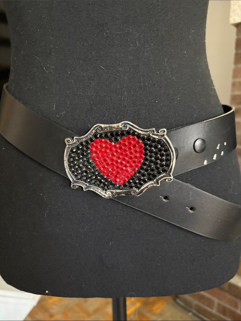 Black Belt with Red Heart Crystal Buckle